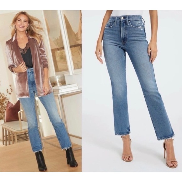 Good American Good Curve Straight Jeans Indigo Frayed Raw Hem Size 22 - Picture 2 of 7